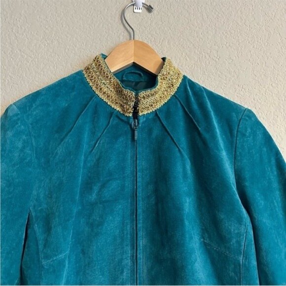 VTG JDS Collection Teal Suede Zip Jacket Gold Trim Women’s Size Small Elegant - Picture 5 of 13